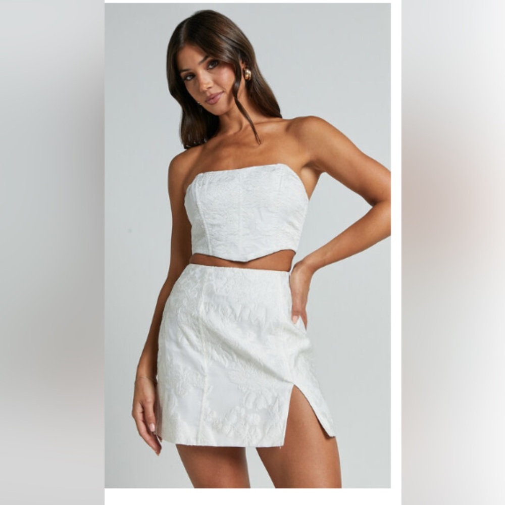 White Strapless Crop Top and Skirt Set